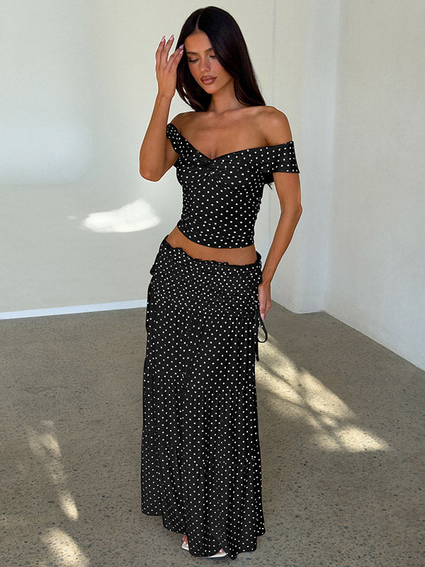 Vacation Two-Piece Set Maxi Flower Ruffled Short Sleeves Off-Shoulder Crop Top Maxi Skirt Sets