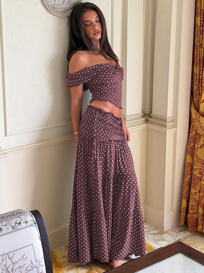 Vacation Two-Piece Set Maxi Flower Ruffled Short Sleeves Off-Shoulder Crop Top Maxi Skirt Sets