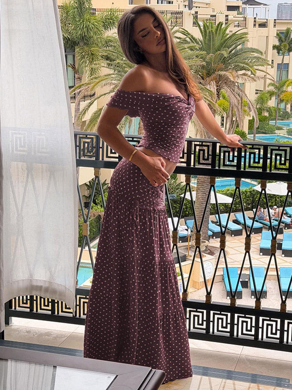 Vacation Two-Piece Set Maxi Flower Ruffled Short Sleeves Off-Shoulder Crop Top Maxi Skirt Sets