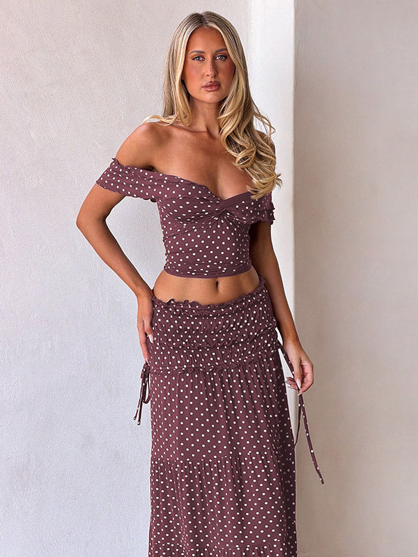 Vacation Two-Piece Set Maxi Flower Ruffled Short Sleeves Off-Shoulder Crop Top Maxi Skirt Sets