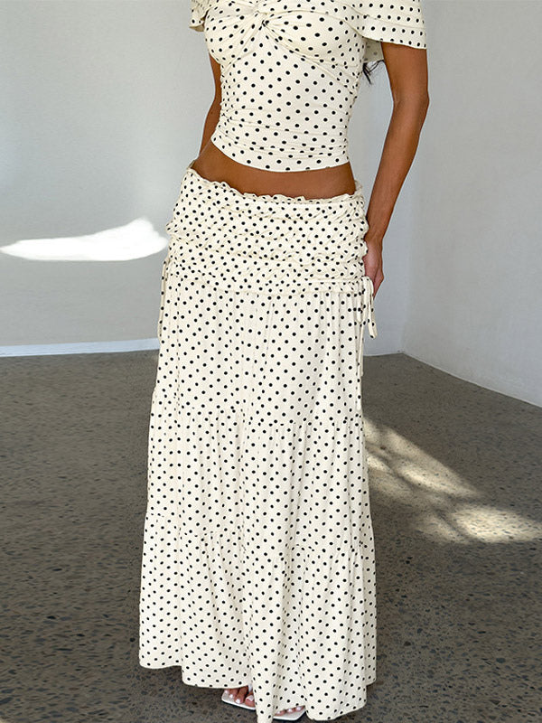 Vacation Two-Piece Set Maxi Flower Ruffled Short Sleeves Off-Shoulder Crop Top Maxi Skirt Sets