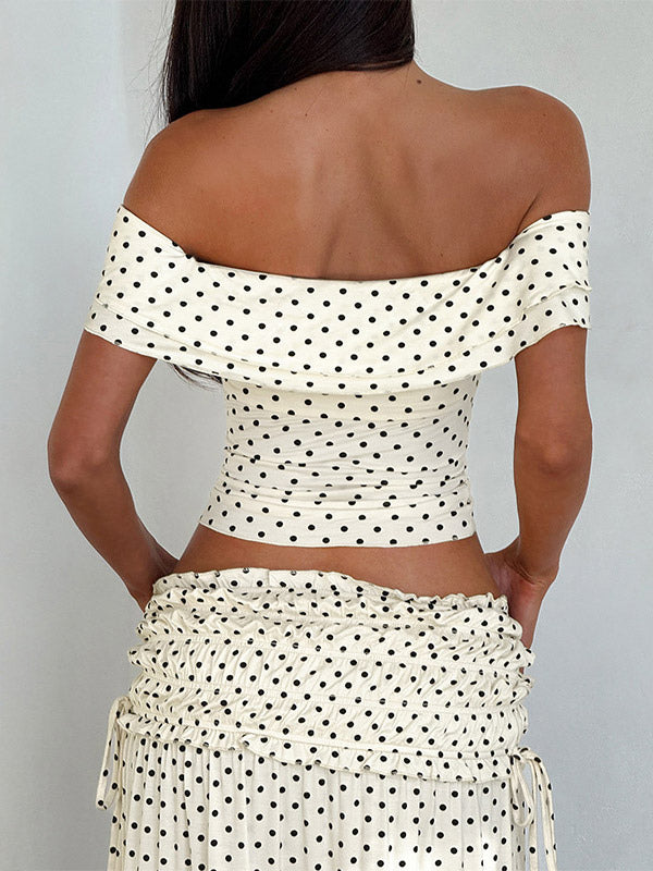 Vacation Two-Piece Set Maxi Flower Ruffled Short Sleeves Off-Shoulder Crop Top Maxi Skirt Sets