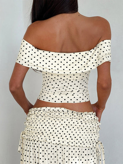 Vacation Two-Piece Set Maxi Flower Ruffled Short Sleeves Off-Shoulder Crop Top Maxi Skirt Sets