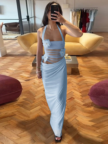Party Dress Maxi Blue Flowers Sleeveless Flower Sexy Semi Formal Summer Dress