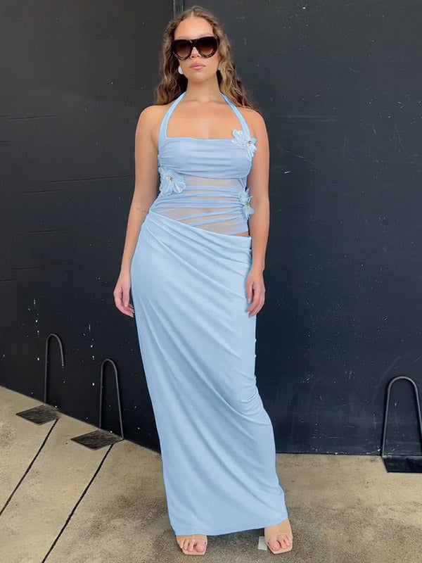 Party Dress Maxi Blue Flowers Sleeveless Flower Sexy Semi Formal Summer Dress