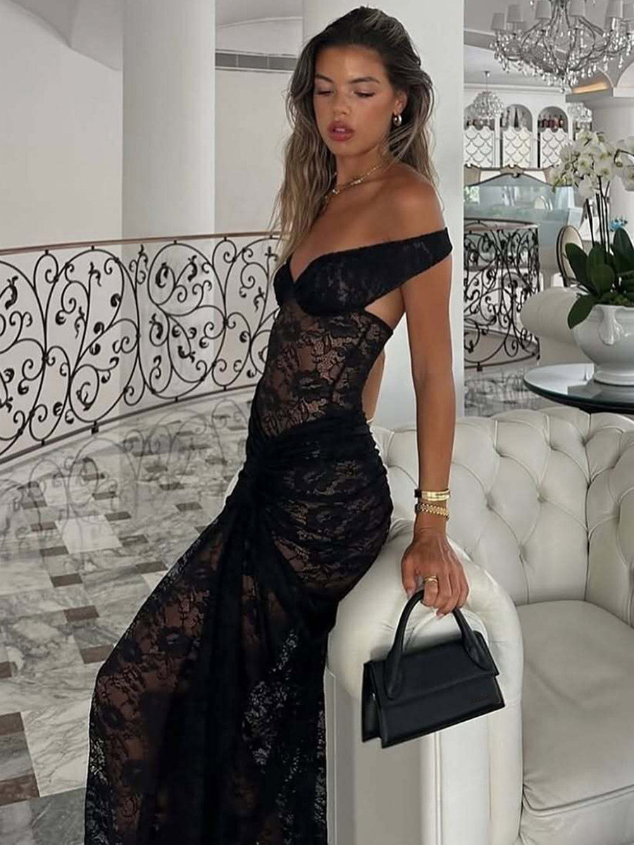 Party Dress Maxi Coffee Brown Off-The-Shoulder Lace Sexy Semi Formal Dress