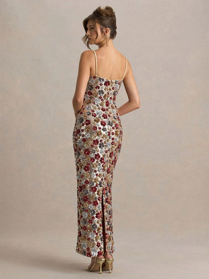 Party Dress Maxi Red Straps Neck Split Front Sleeveless Sexy Semi Formal Summer Dress
