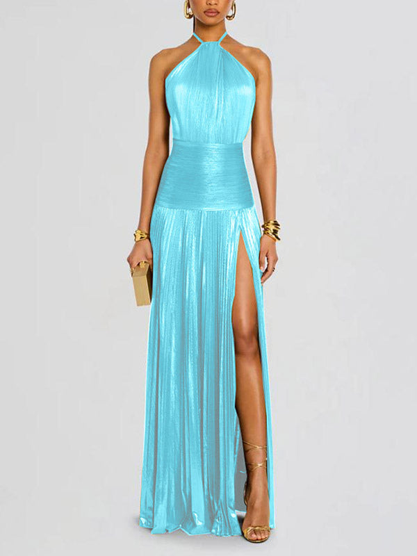 Party Dress Maxi Gold Sleeveless Backless Elegant Semi Formal Gown