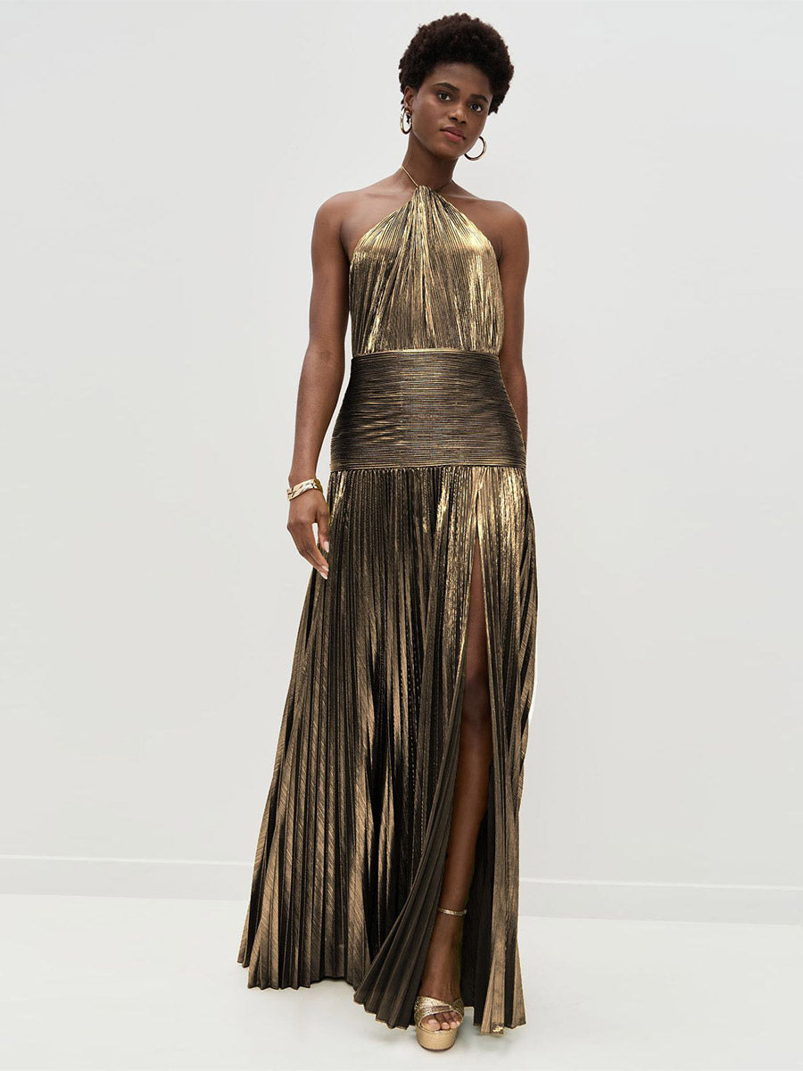 Party Dress Maxi Gold Sleeveless Backless Elegant Semi Formal Gown