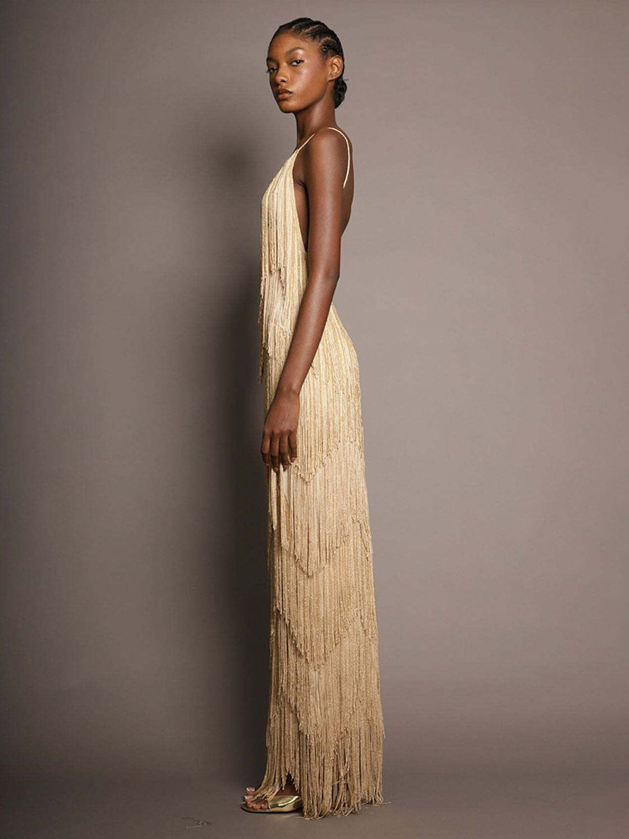 Party Dress Maxi Gold V-Neck Sleeveless Open Shoulder Sexy Semi Formal Summer Dress