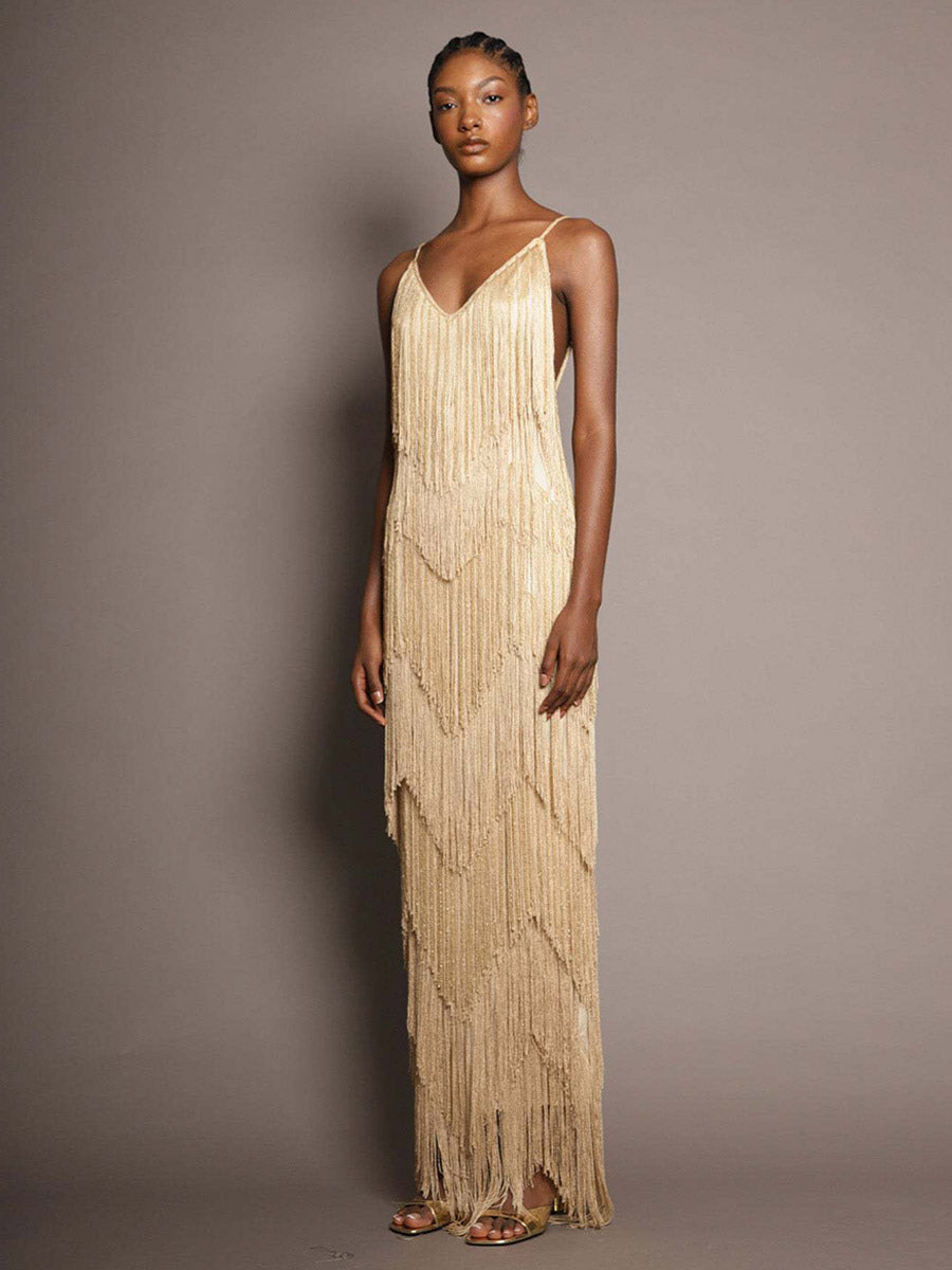 Party Dress Maxi Gold V-Neck Sleeveless Open Shoulder Sexy Semi Formal Summer Dress