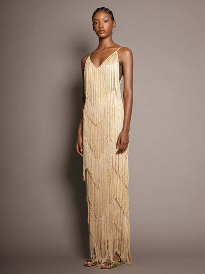 Party Dress Maxi Gold V-Neck Sleeveless Open Shoulder Sexy Semi Formal Summer Dress