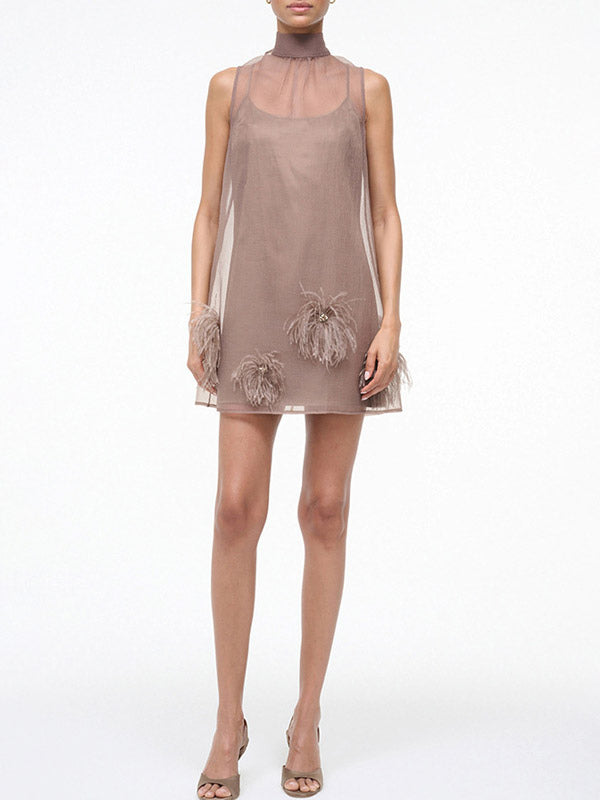 Mini Dresses Light Brown Sleeveless Lace Up Chiffon Short Dress For Women Mini Dresses