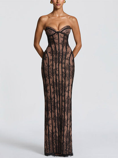 Date Night Dresses Bodycon Maxi Lace Sleeveless Backless Strapless Sexy Burgundy Dress