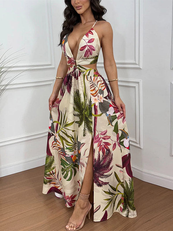 Vacation Dresses Maxi Cut Out Sleeveless V-Neck Sexy Cyan Blue Bohemian Dress