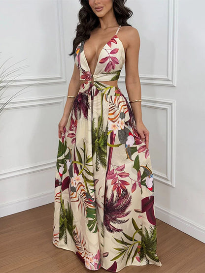 Vacation Dresses Maxi Cut Out Sleeveless V-Neck Sexy Cyan Blue Bohemian Dress