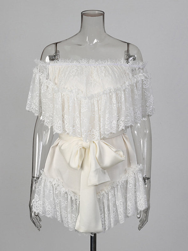 Daily Dresses Woman's Mini White Lace Off-The-Shoulder Raised Waist Dress