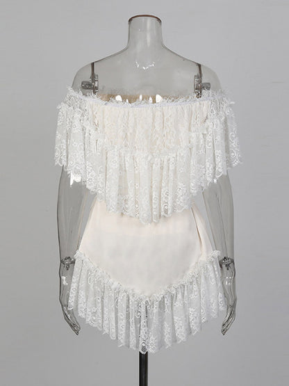 Daily Dresses Woman's Mini White Lace Off-The-Shoulder Raised Waist Dress