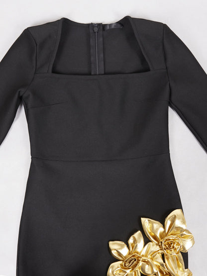Party Dress Mini Black U-Neck Flowers Long Sleeves Sexy Semi Formal Dress