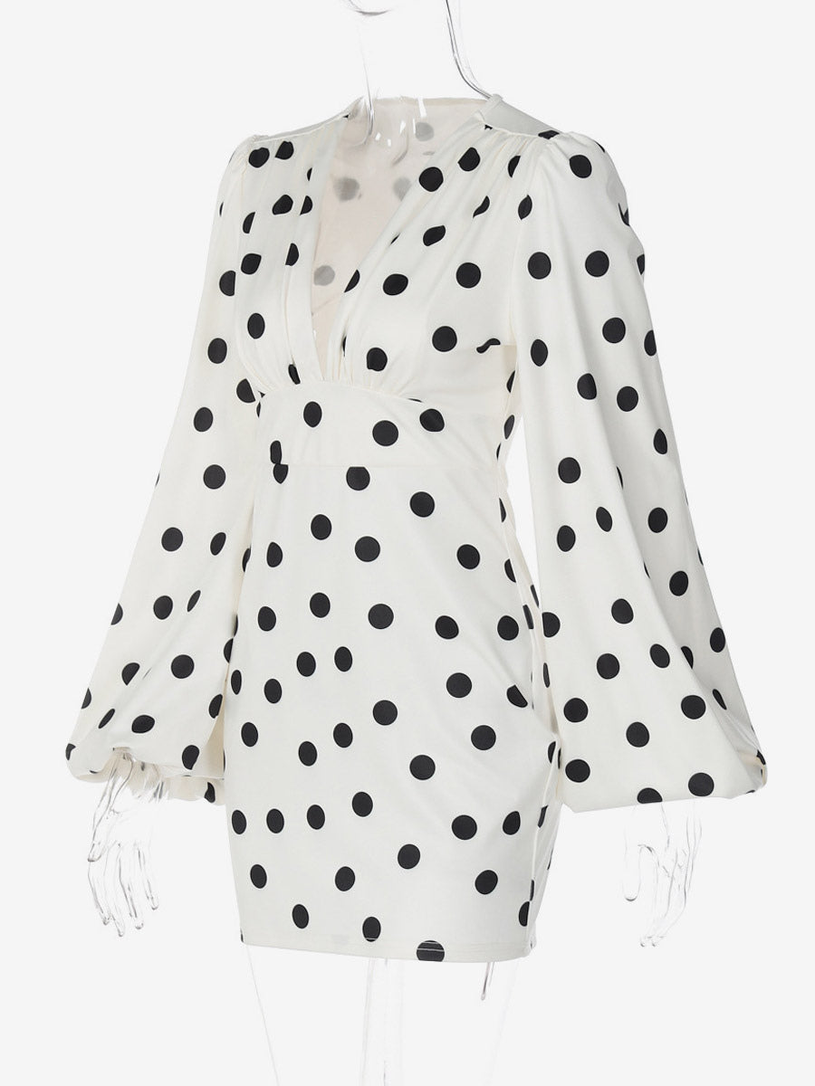 Date Night Dresses Summer Long Sleeves Polka Dot V-Neck Puff Sleeves Casual White Mini Dress