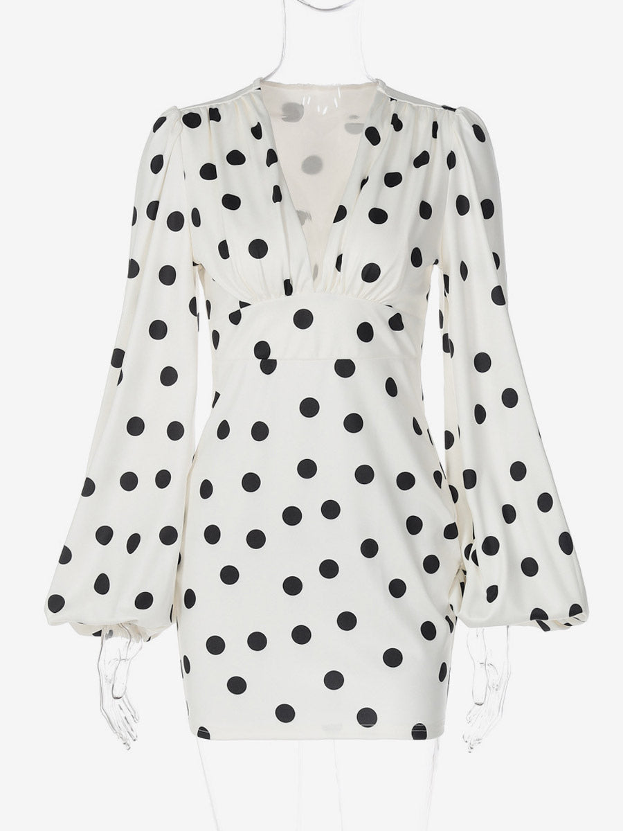 Date Night Dresses Summer Long Sleeves Polka Dot V-Neck Puff Sleeves Casual White Mini Dress