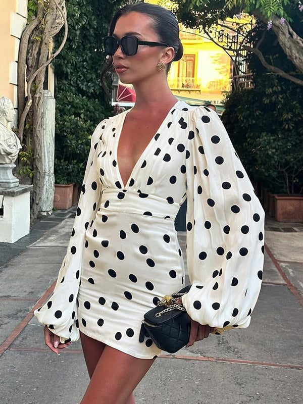 Date Night Dresses Summer Long Sleeves Polka Dot V-Neck Puff Sleeves Casual White Mini Dress