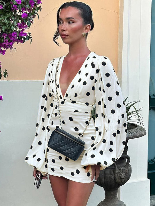 Date Night Dresses Summer Long Sleeves Polka Dot V-Neck Puff Sleeves Casual White Mini Dress
