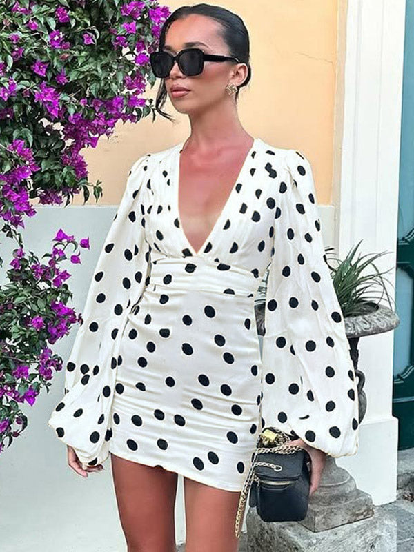 Date Night Dresses Summer Long Sleeves Polka Dot V-Neck Puff Sleeves Casual White Mini Dress