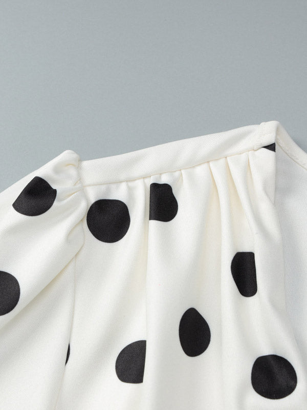 Date Night Dresses Summer Long Sleeves Polka Dot V-Neck Puff Sleeves Casual White Mini Dress