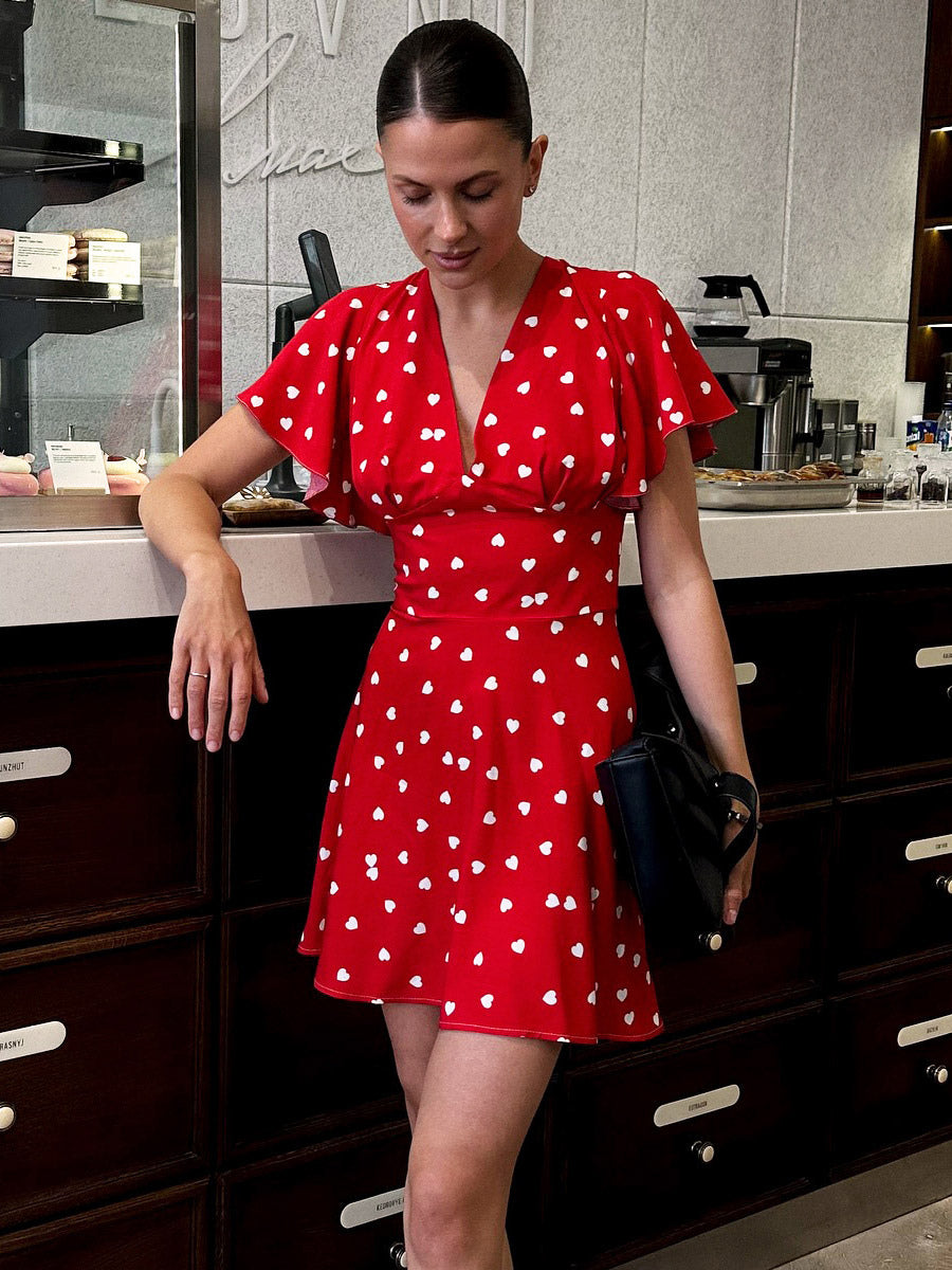 Daily Dresses For Woman Summer Mini Red Pleated Short Sleeves V-Neck Wrap Waist Polka Dot Dress