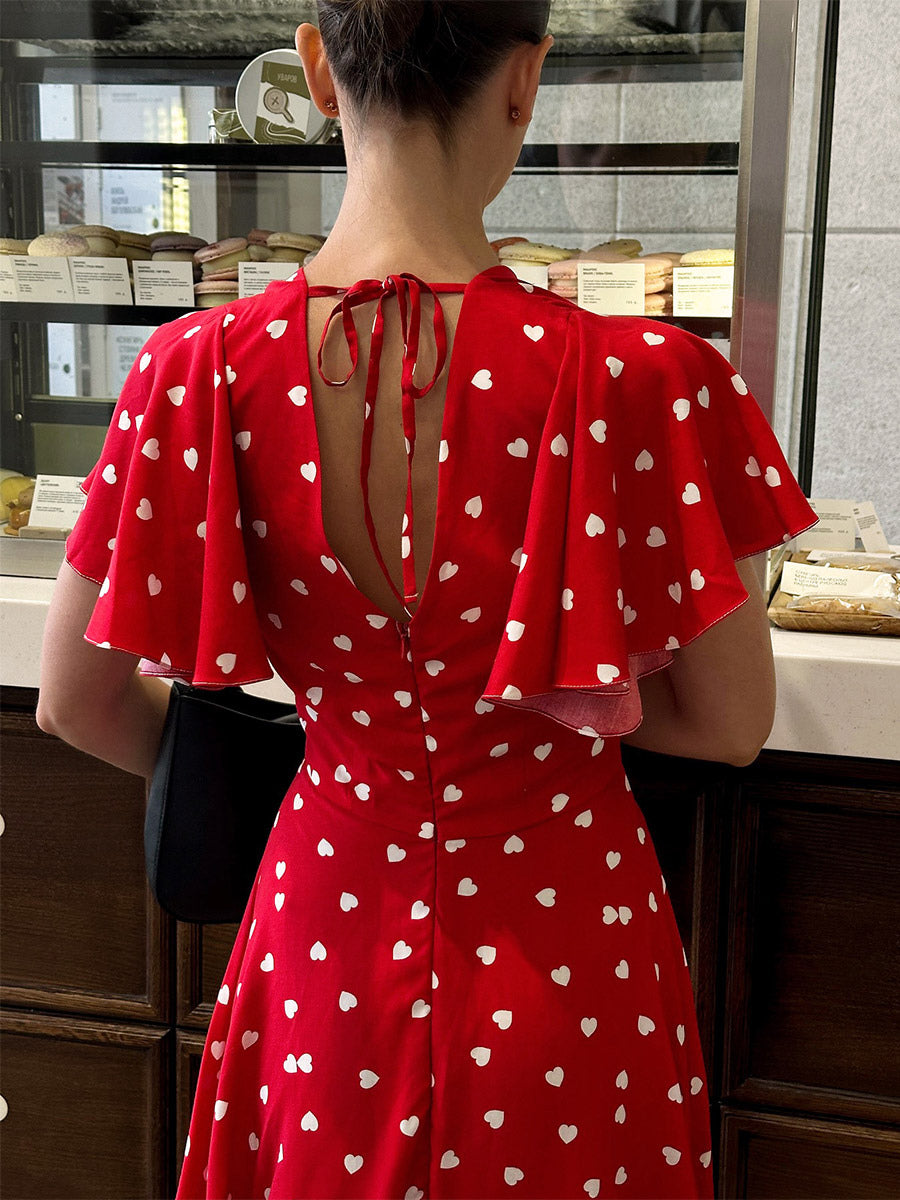 Daily Dresses For Woman Summer Mini Red Pleated Short Sleeves V-Neck Wrap Waist Polka Dot Dress
