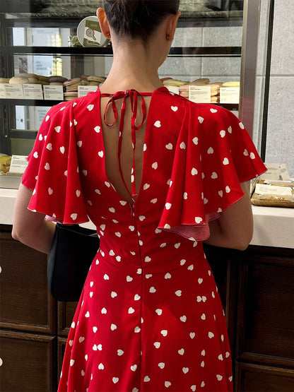 Daily Dresses For Woman Summer Mini Red Pleated Short Sleeves V-Neck Wrap Waist Polka Dot Dress
