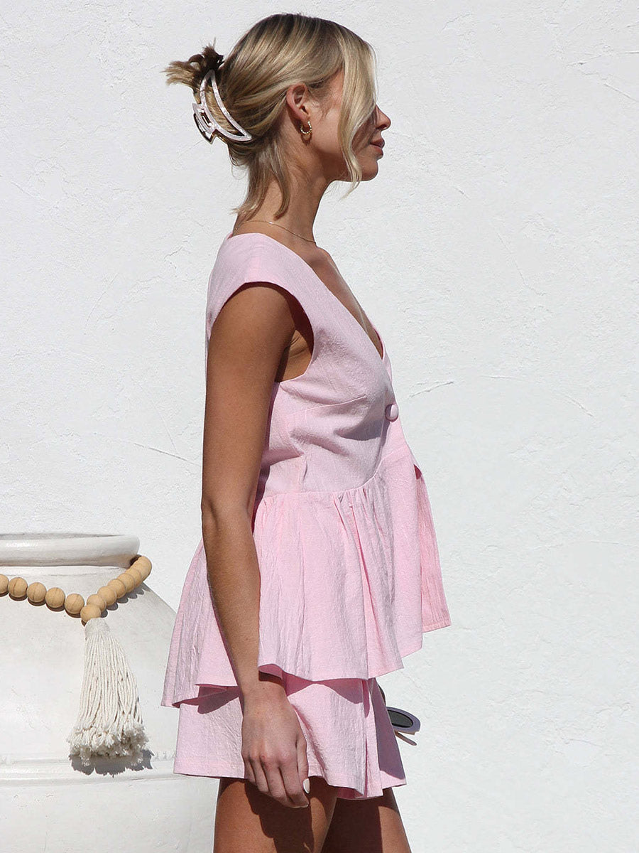 Two Piece Sets Pink V-Neck Short Sleeves Top Pants Summer Sets