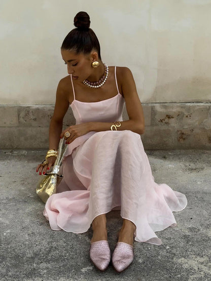 Two Piece Sets Pink Chic Daily Velour Straps Neck Sleeveless Backless Summer Top Skirt Sets