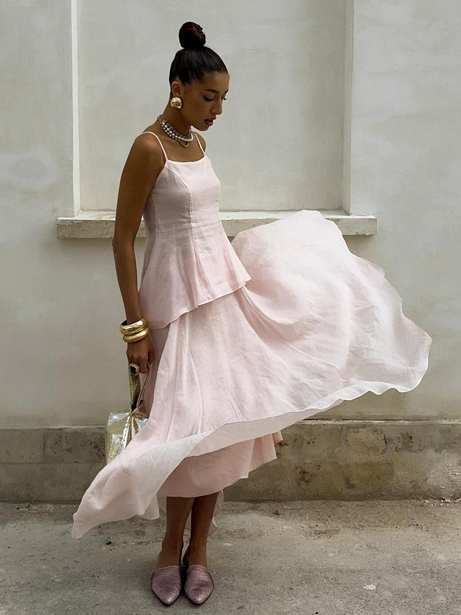 Two Piece Sets Pink Chic Daily Velour Straps Neck Sleeveless Backless Summer Top Skirt Sets