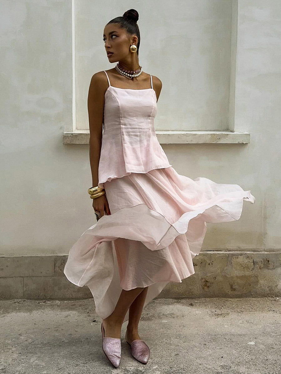 Two Piece Sets Pink Chic Daily Velour Straps Neck Sleeveless Backless Summer Top Skirt Sets