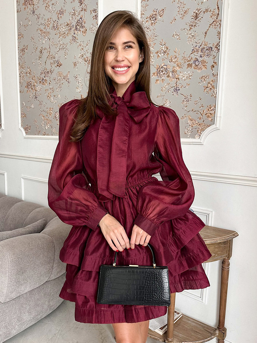 Daily Dresses For Women Mini Burgundy Pleated Long Sleeves Stand Collar Wrap Waist Gown