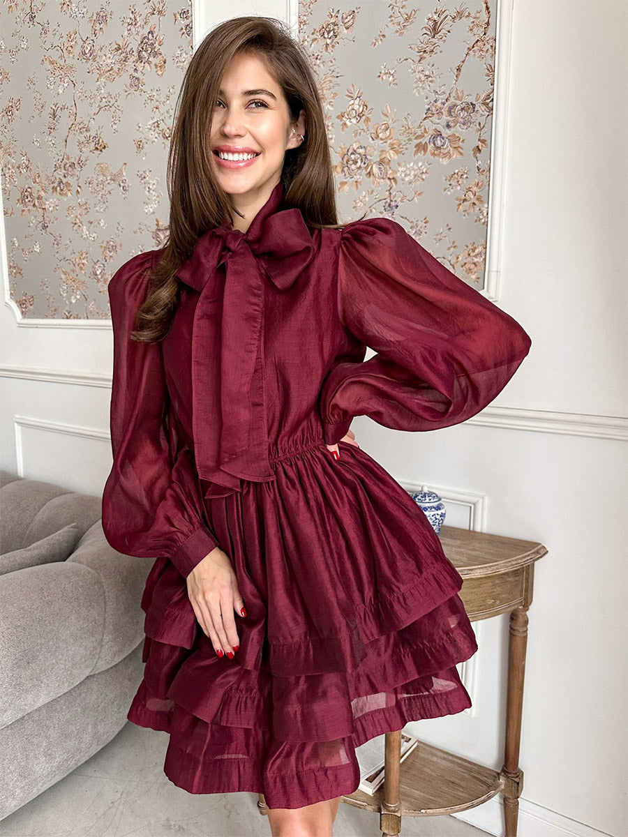 Daily Dresses For Women Mini Burgundy Pleated Long Sleeves Stand Collar Wrap Waist Gown