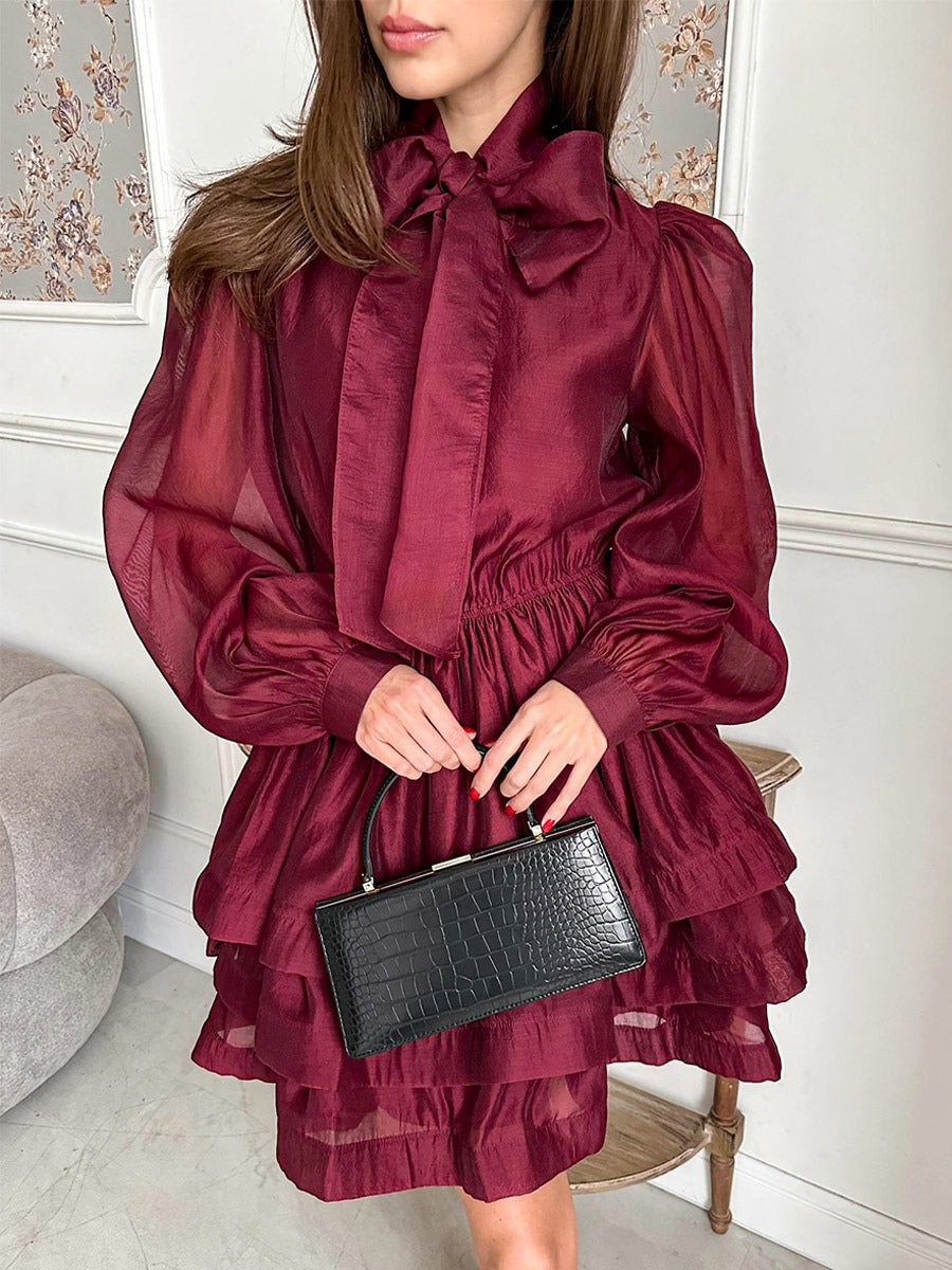 Daily Dresses For Women Mini Burgundy Pleated Long Sleeves Stand Collar Wrap Waist Gown