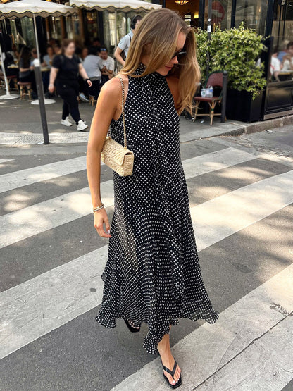 Daily Dresses Woman's Maxi Black Sleeveless Backless Halter Polka Dot Summer Dress