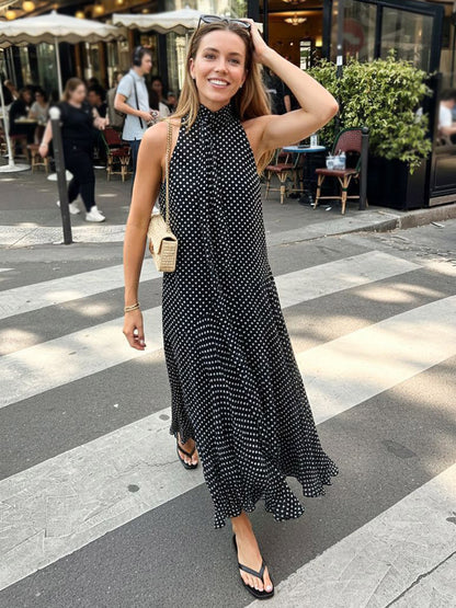 Daily Dresses Woman's Maxi Black Sleeveless Backless Halter Polka Dot Summer Dress