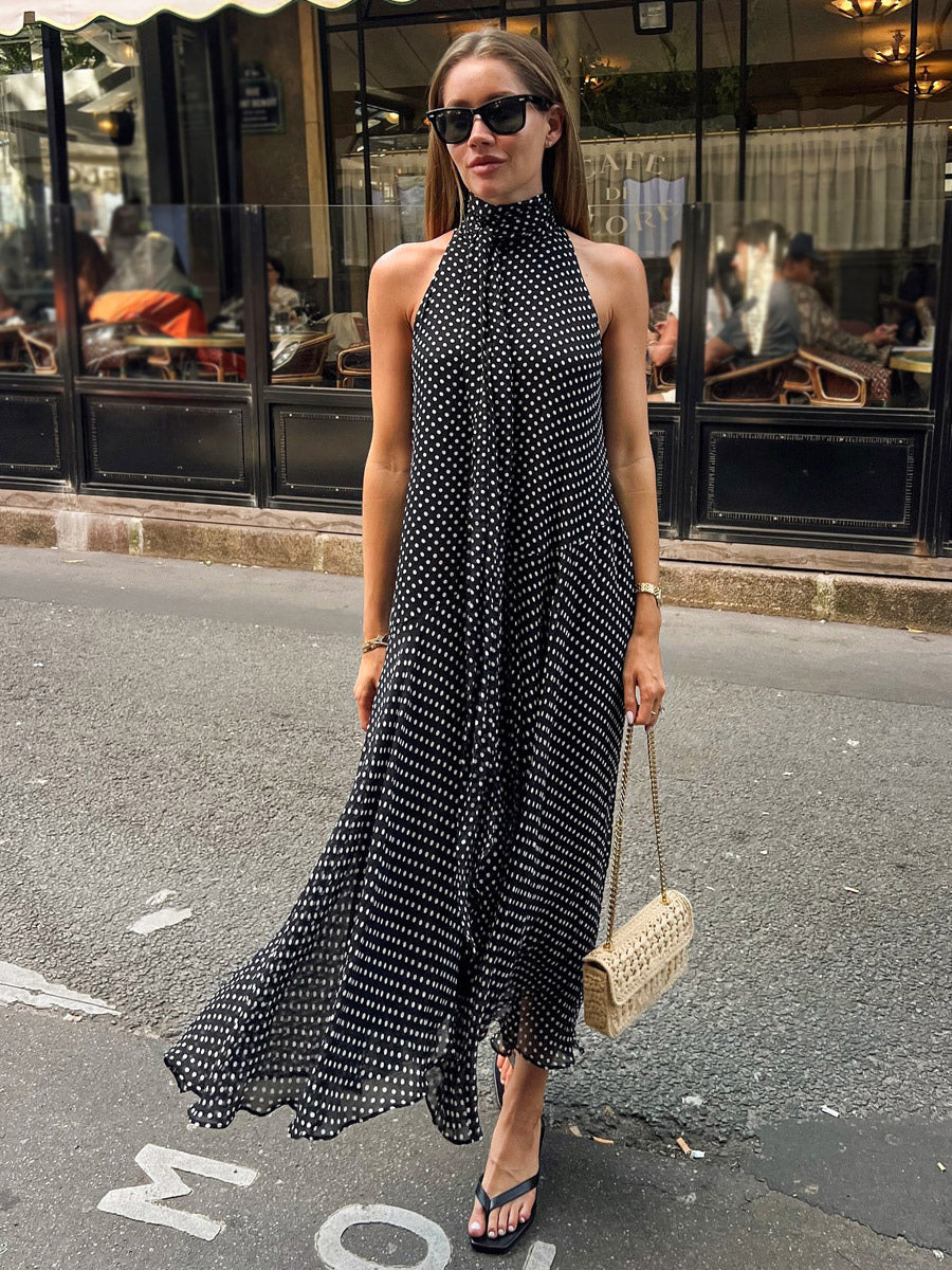 Daily Dresses Woman's Maxi Black Sleeveless Backless Halter Polka Dot Summer Dress