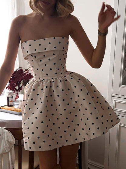 Date Night Dresses Mini Sleeveless Backless Polka Dot Strapless Elegant White Summer Dress