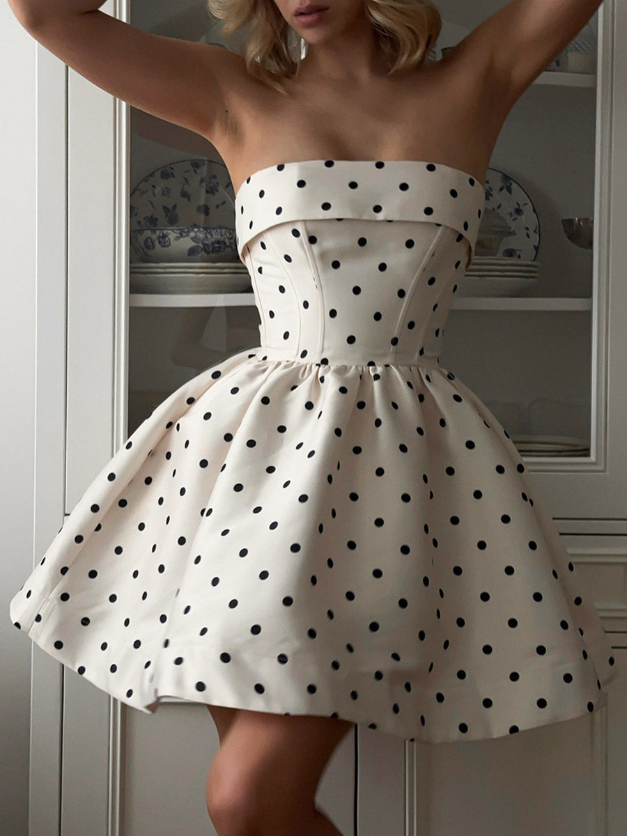 Date Night Dresses Mini Sleeveless Backless Polka Dot Strapless Elegant White Summer Dress