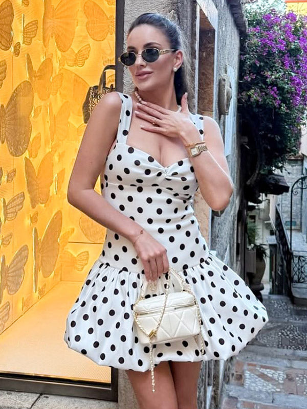 Date Night Dresses Mini Backless Sleeveless Polka Dot Straps Neck Casual White Summer Dress