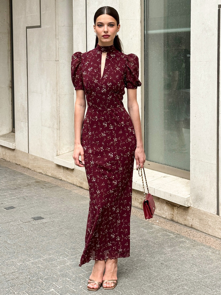 Night Out Dresses Maxi Burgundy Short Puff Sleeves High Collar Summer Dress