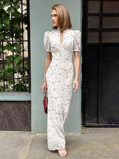 Night Out Dresses Maxi Burgundy Short Puff Sleeves High Collar Summer Dress