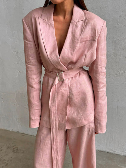 Two Piece Sets Pant Set Pink Chic Sash Cotton Turndown Collar Long Sleeves Top Pant Suits