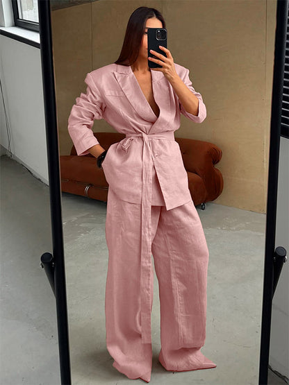 Two Piece Sets Pant Set Pink Chic Sash Cotton Turndown Collar Long Sleeves Top Pant Suits