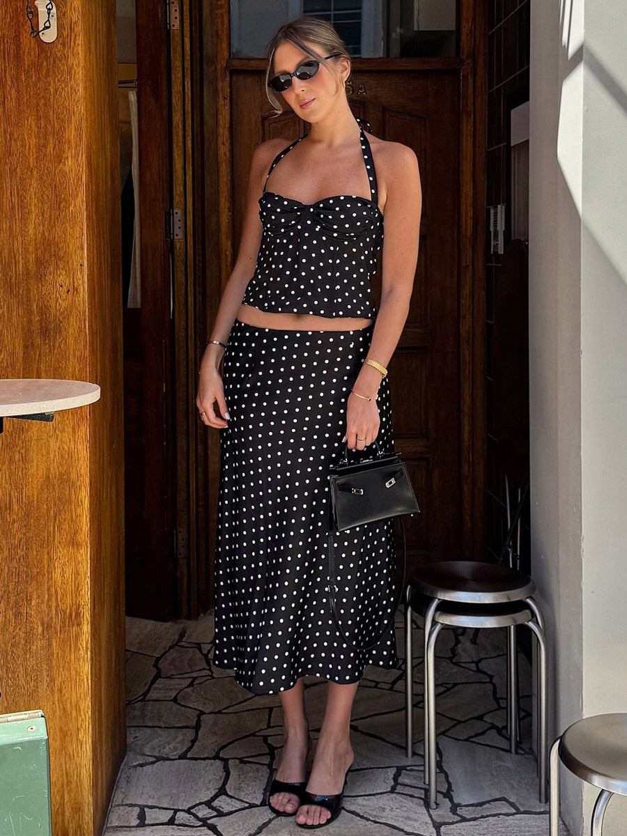 Two Piece Sets Black Chic Polka Dot Office Career Halter Sleeveless Summer ToP Skirt Sets